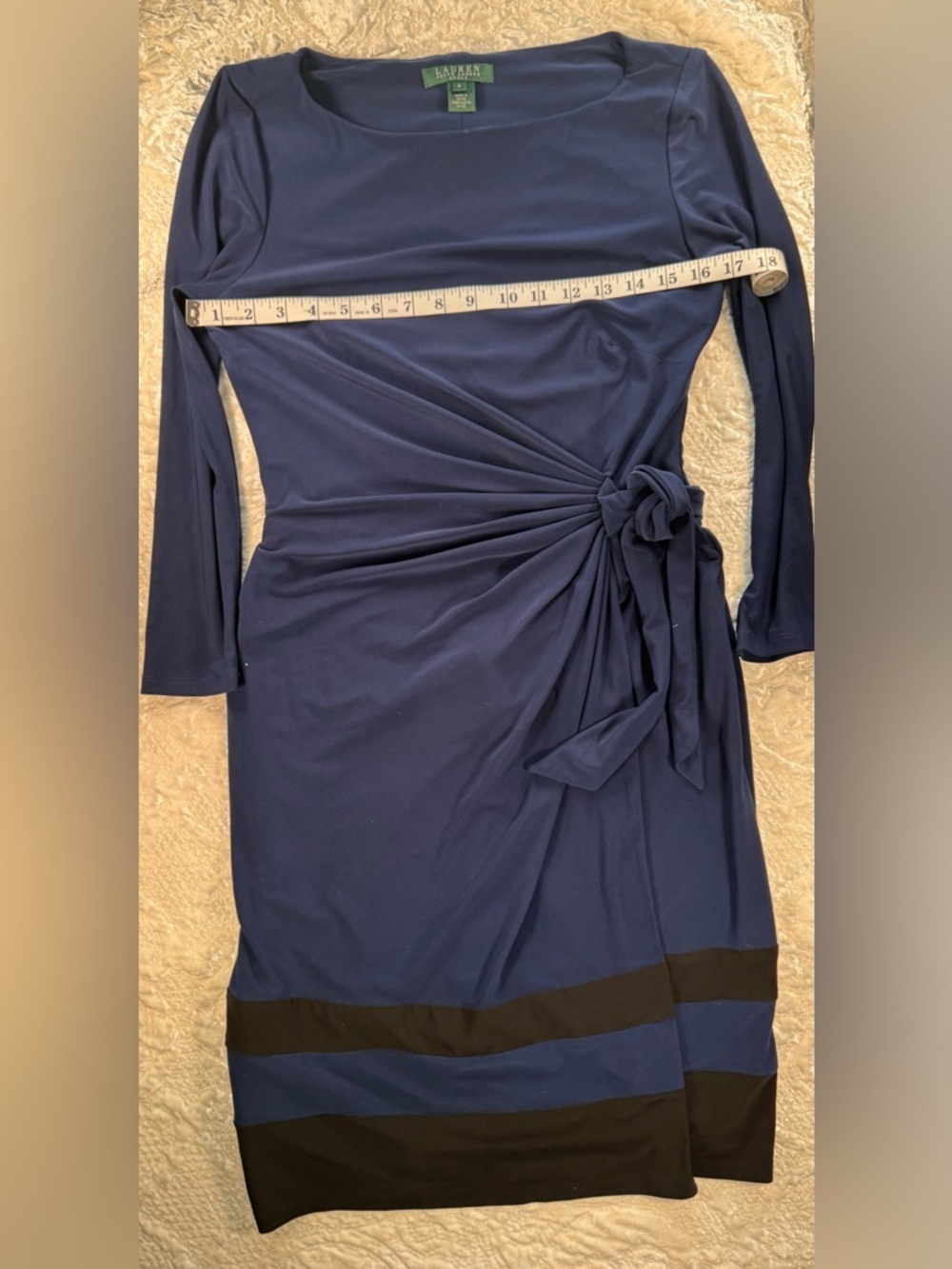 Lauren Ralph Lauren Navy Long-Sleeve Side-Knot Dress with Black Stripes